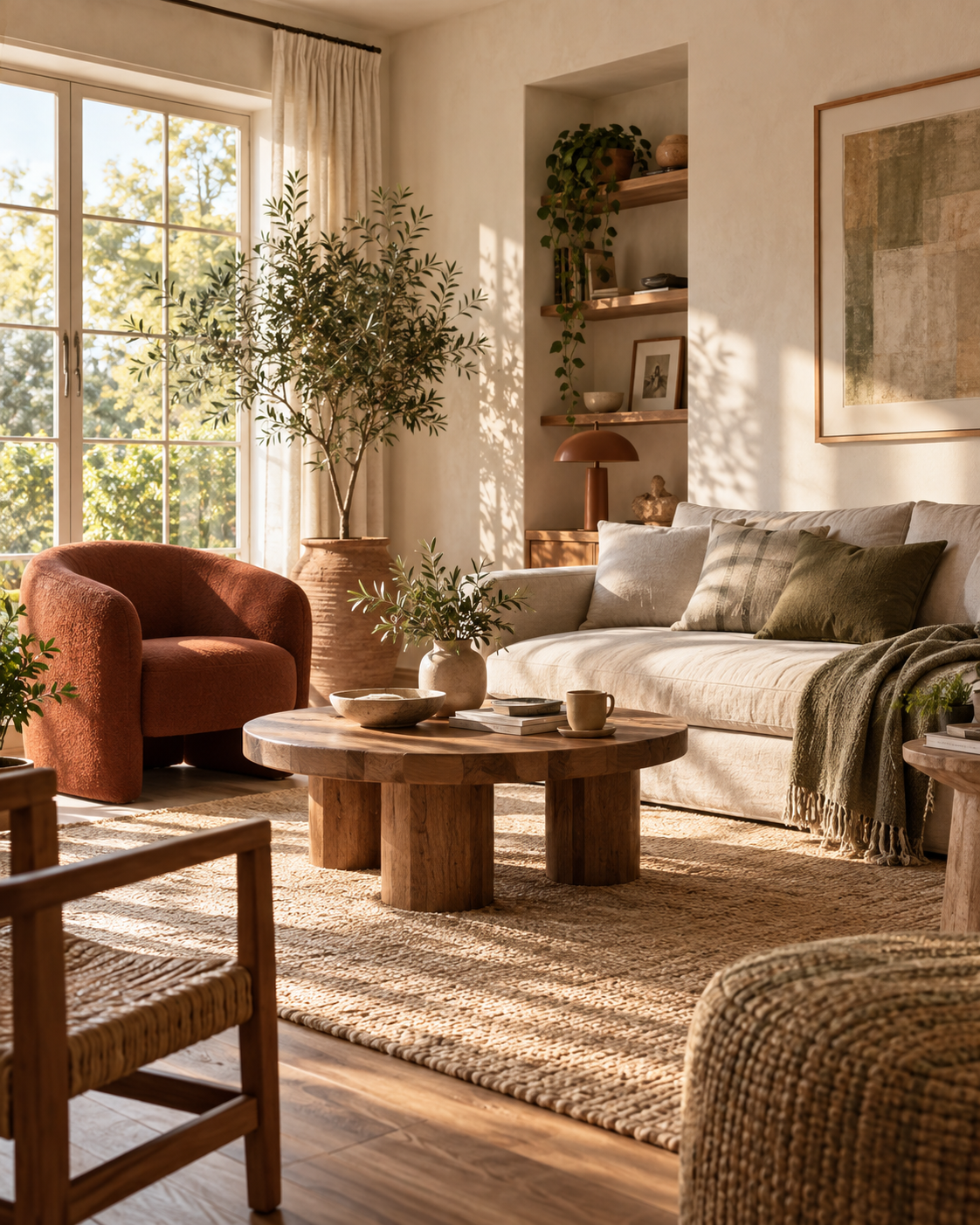 An example living room with a cream sofa and warm wood details